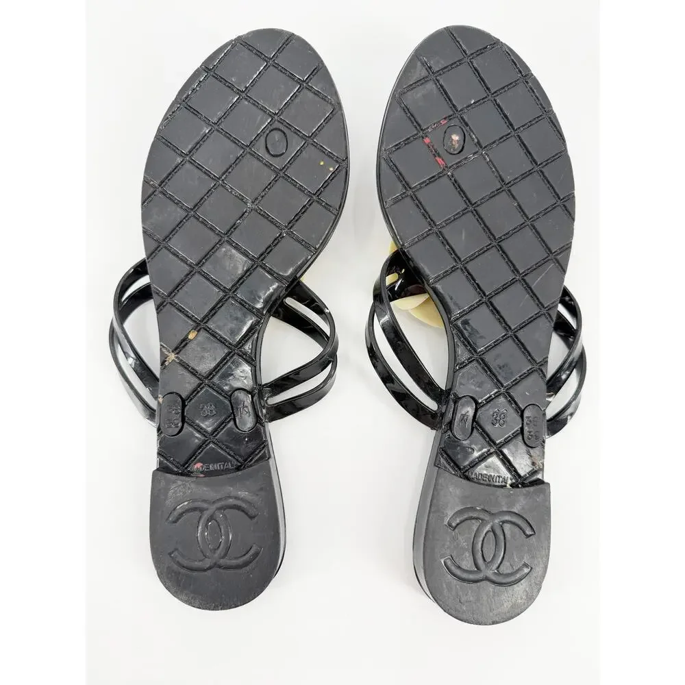 Chanel Camellia Jelly Thong Sandals Black Ivory Rubber CC Logo Flat Shoes 38